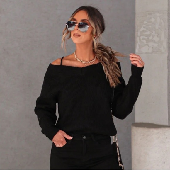 VICI Bold Black V-Neck Off The Shoulder Warm Knit Sweater - Picture 3 of 7